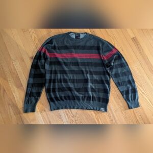 Men's Striped Crewneck Sweater in Gray and Black with Red Stripe